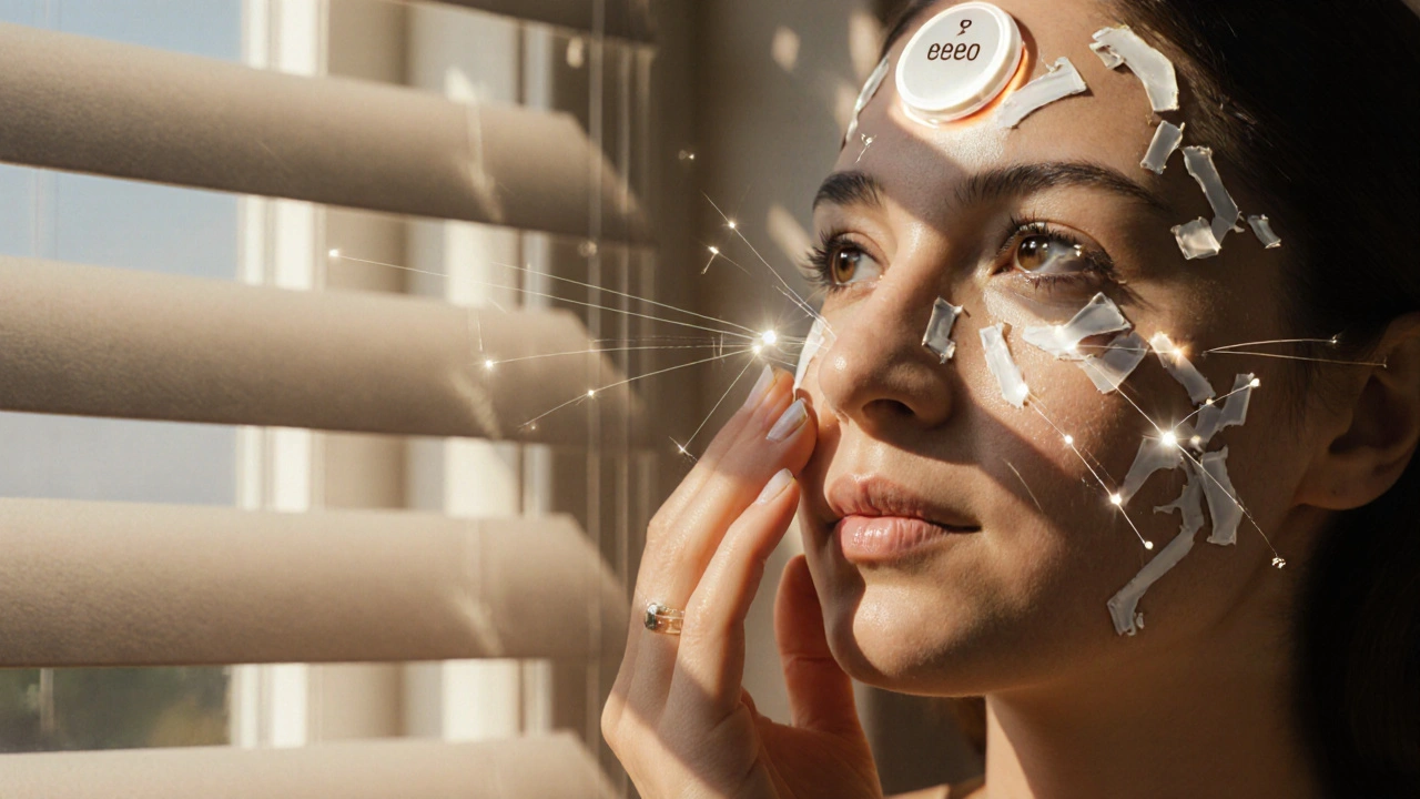 A hand applying cream as light energy transforms skin tone, with retinol molecules and SPF shield glowing above.