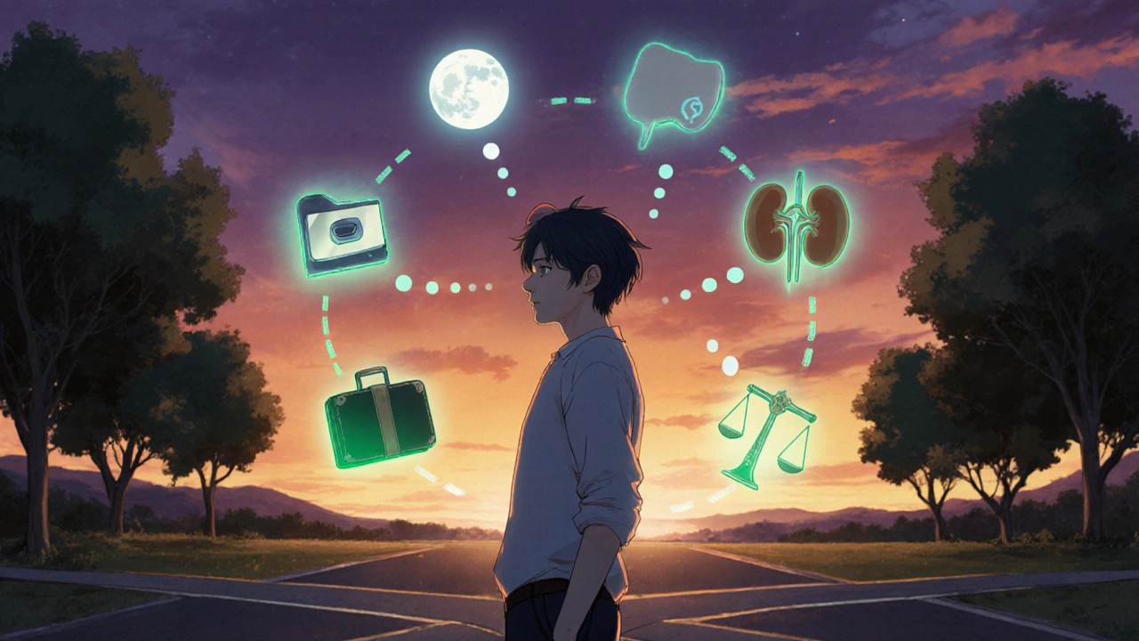 Adult at a dusk park crossroads surrounded by icons for cost, safety, travel, and health factors.