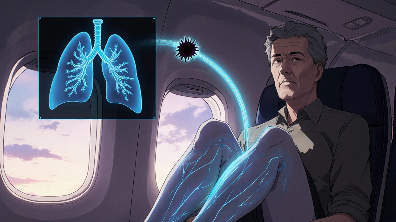 Airplane passenger with swollen legs; a dark clot travels from leg veins toward the lungs in a stylized blood flow.