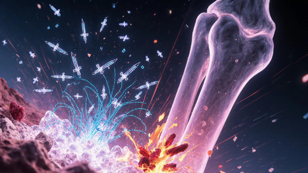 Animated bone scene where glowing drug particles block attacking osteoclast cells.