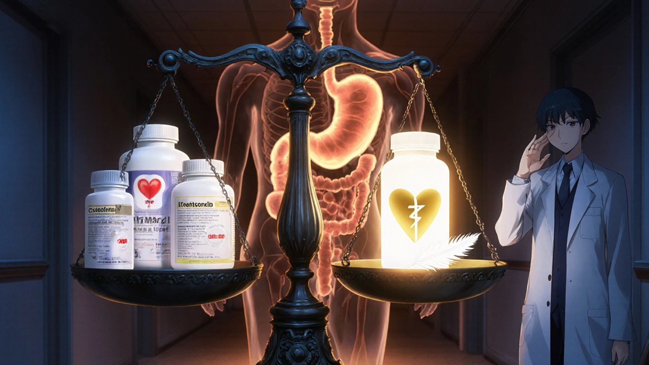 Balance scale with NSAID bottles and heart/stomach symbols, set in a clinic hallway.