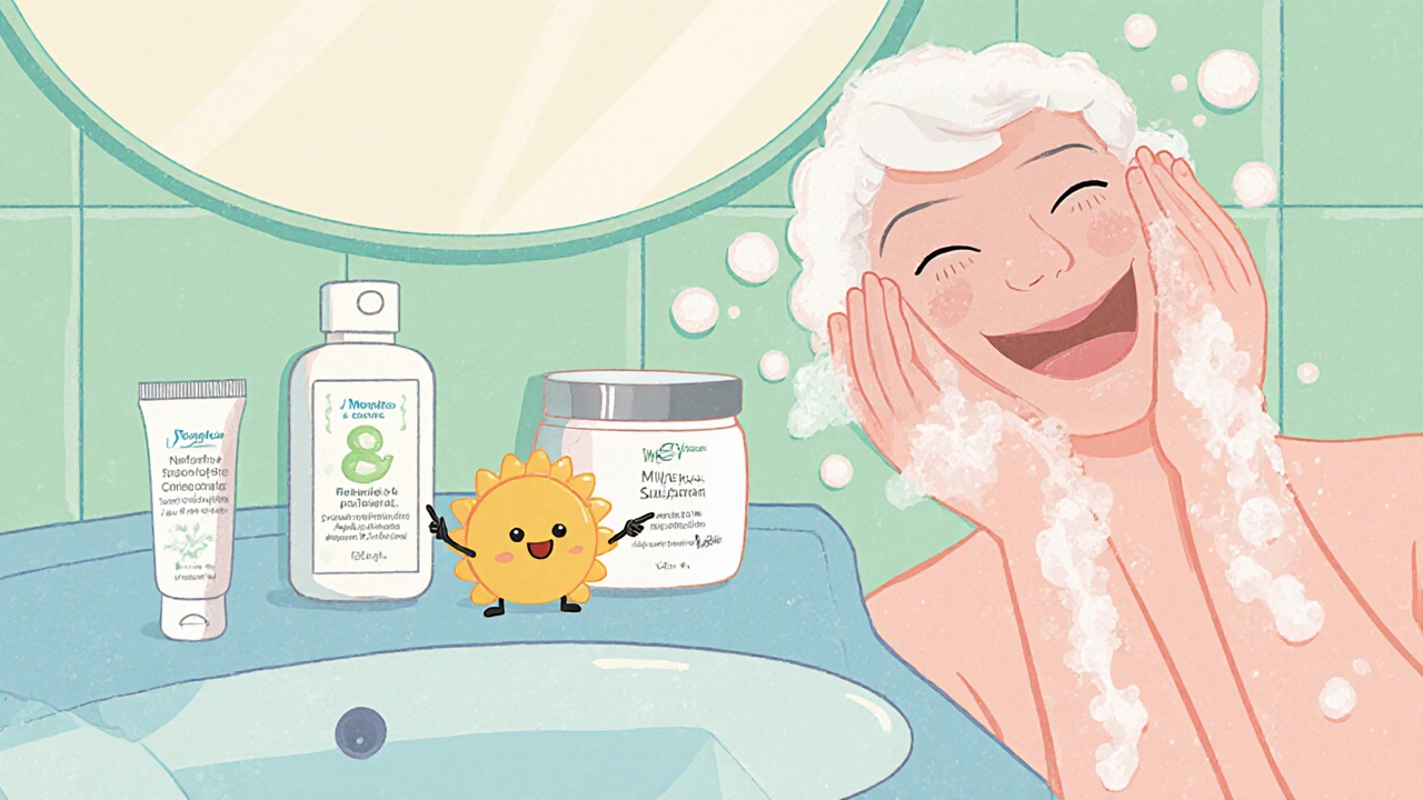 Character follows a gentle skincare routine with cleanser, moisturizer, and spot treatment.