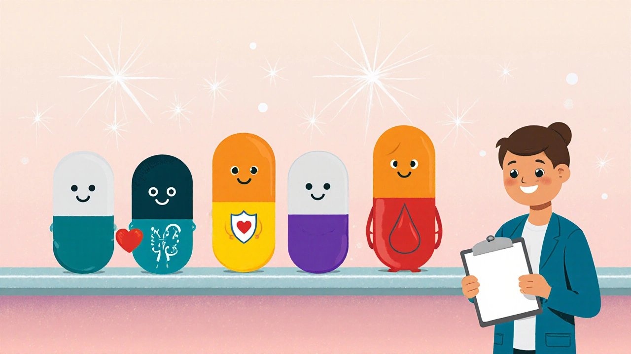 Colorful line of modern HIV pills with friendly faces standing beside a happy patient.