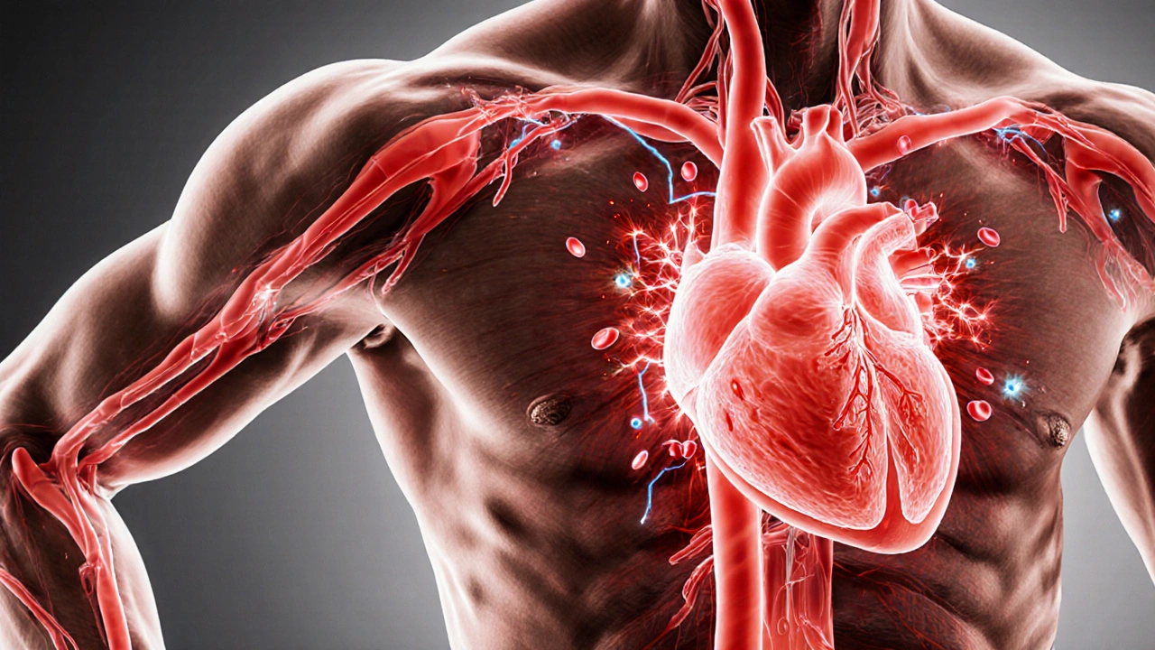 Cross‑section view of heart and blood vessels with CO‑bound cells and nicotine sparks.