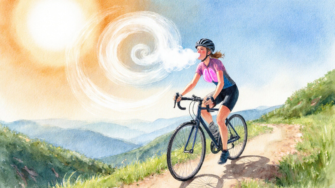 Cyclist on mountain trail breathing clean air, symbolizing recovery after quitting.