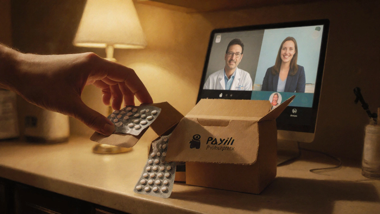 Delivery box opened to reveal Paxil tablets, with a telehealth video call shown in the background.