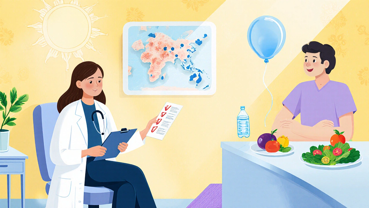 Dermatologist office scene with checklist, healthy foods, and stress‑relief items.