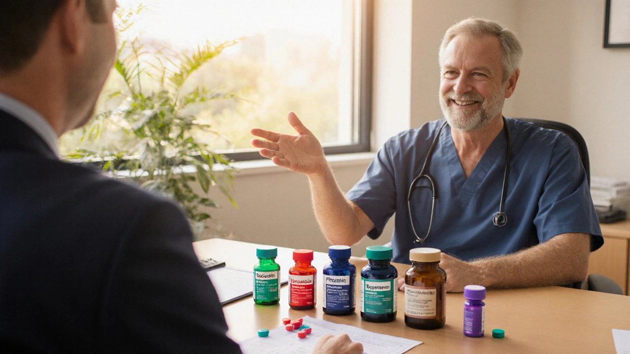 Doctor and patient discuss medication options, with six distinct pill bottles on the desk.