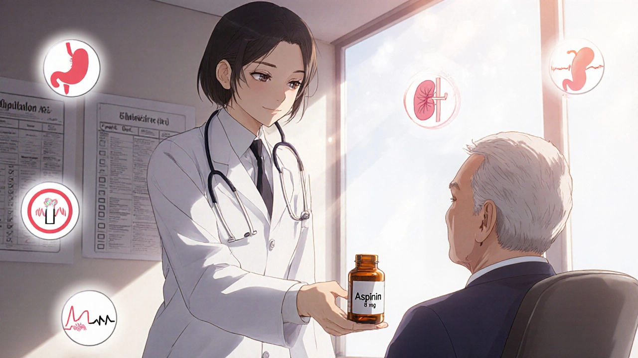 Doctor hands low‑dose aspirin to an elderly patient, surrounded by floating icons of safety checklist items.