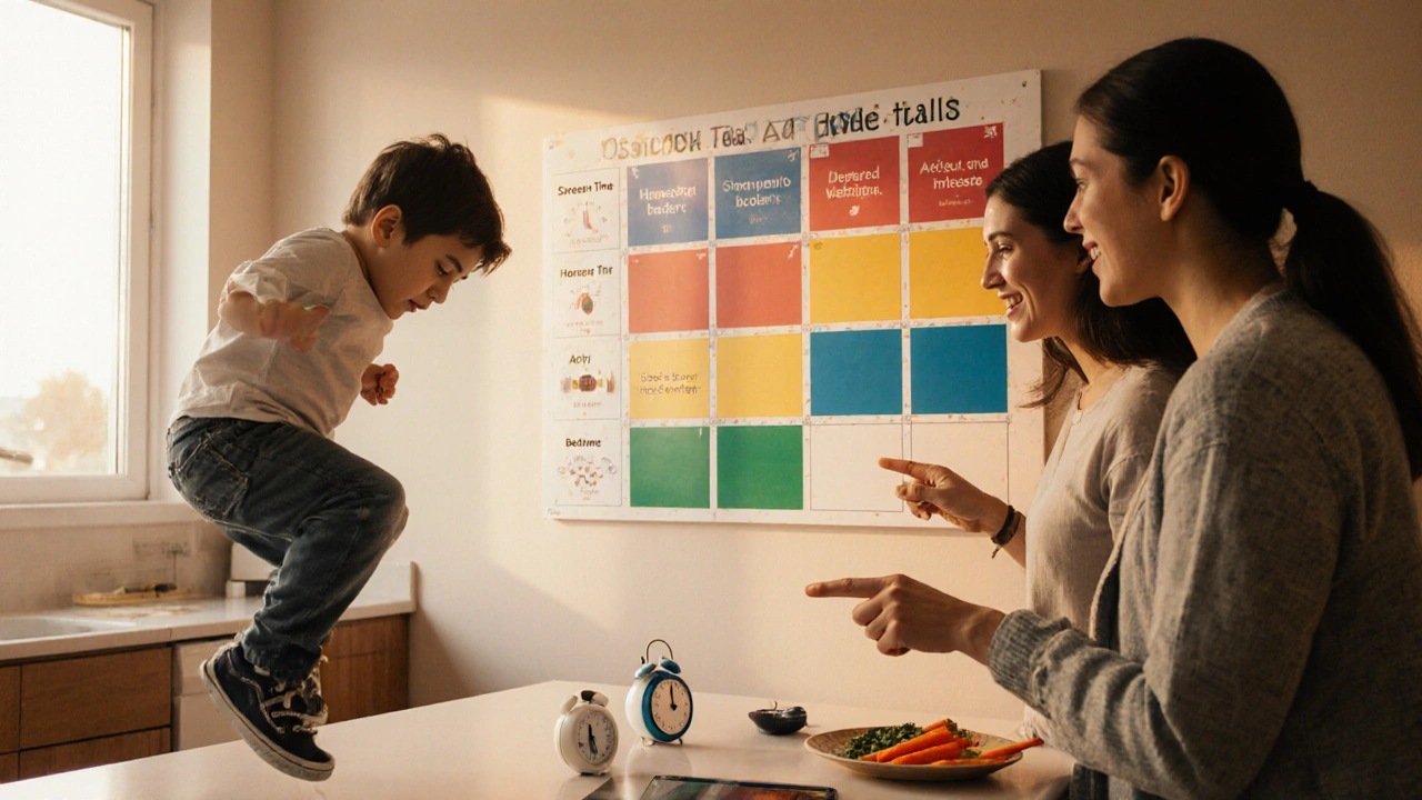 Family uses a wall schedule while child does jumping jacks beside a tablet timer.