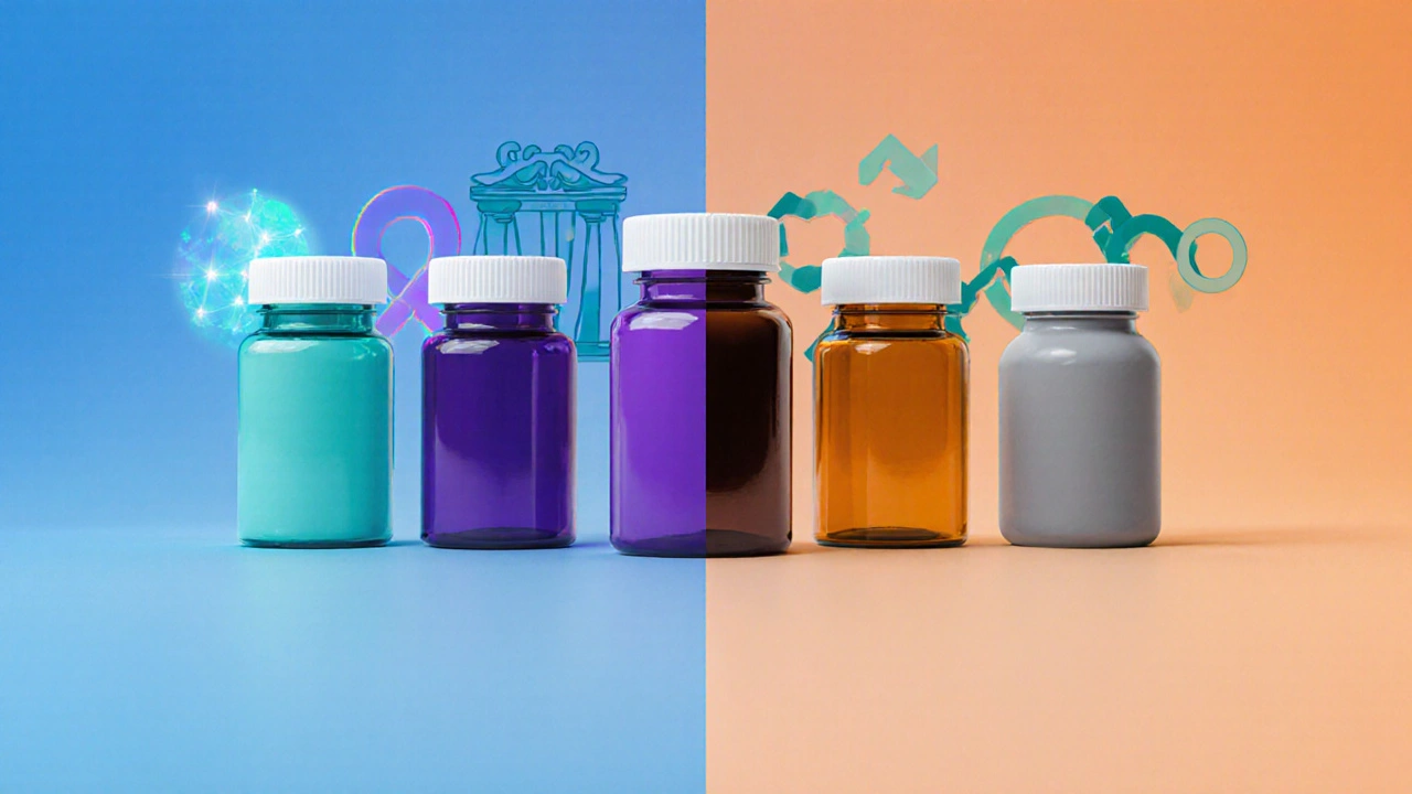 Five medication vials with icons representing their mechanisms and colors.
