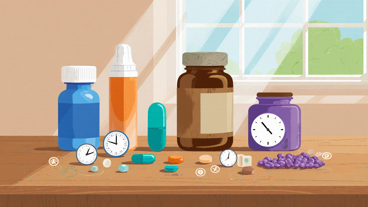 Flat lay of various pill bottles and clocks representing different ED medications.