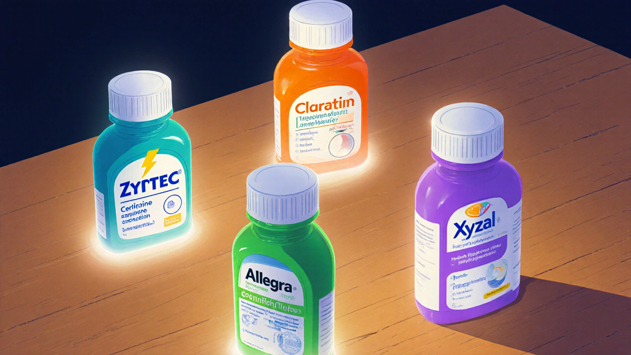 Four medication bottles labeled Zyrtec, Claritin, Allegra, and Xyzal on a tabletop.