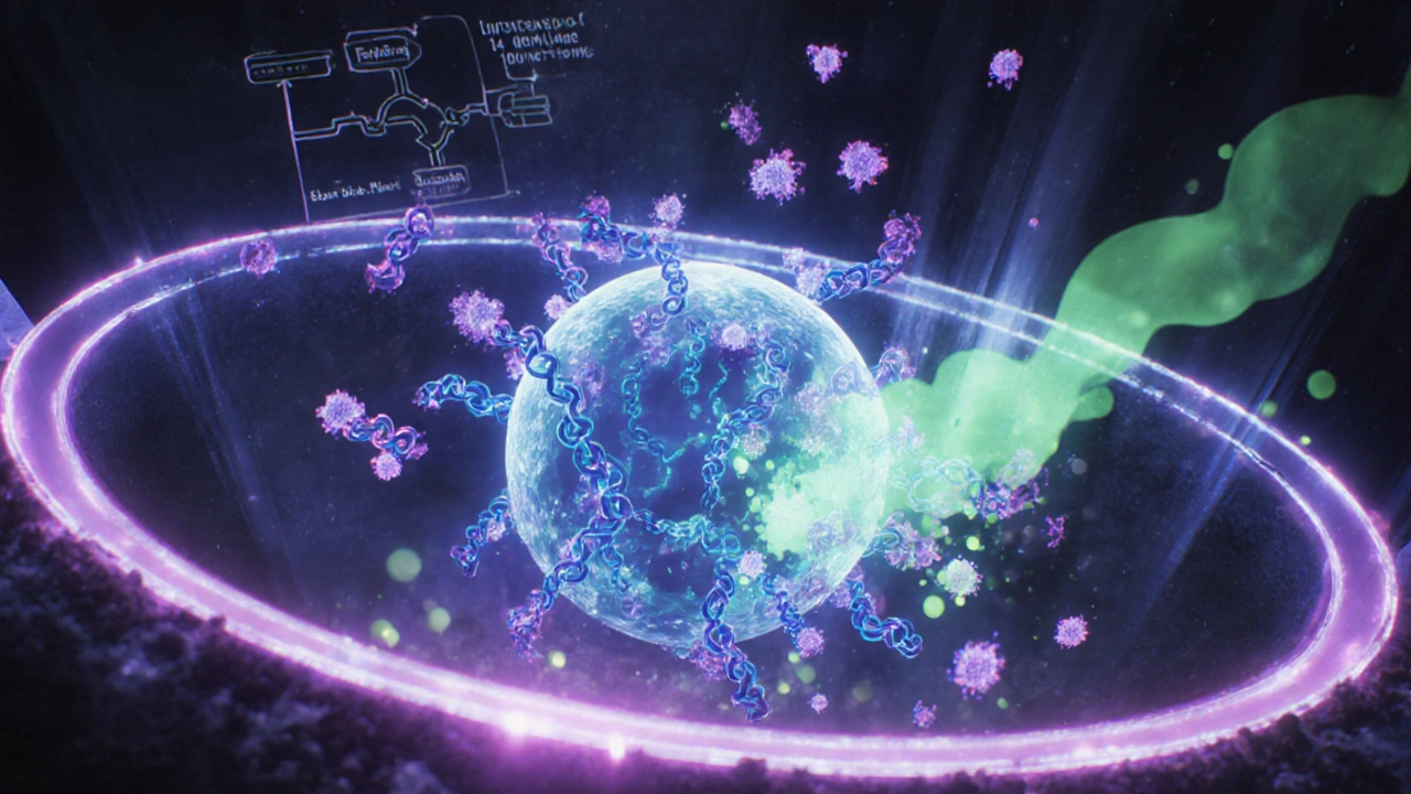 Illustration of fenticonazole particles disrupting fungal cell membrane at a microscopic level.