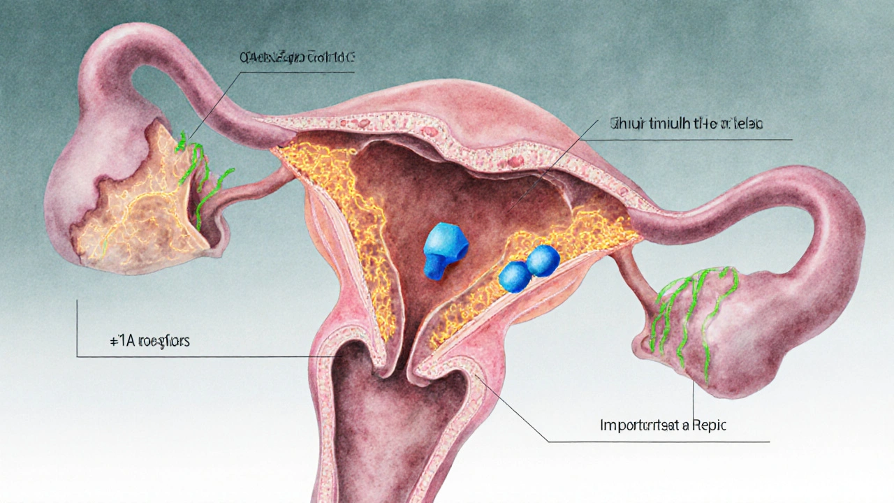 Illustration of prostate with highlighted α1A receptors and a tamsulosin molecule binding.