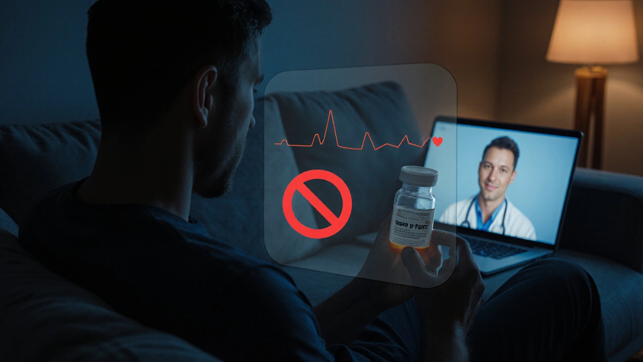 Man on couch holding a pill bottle with heart monitor overlay and telehealth video in background.