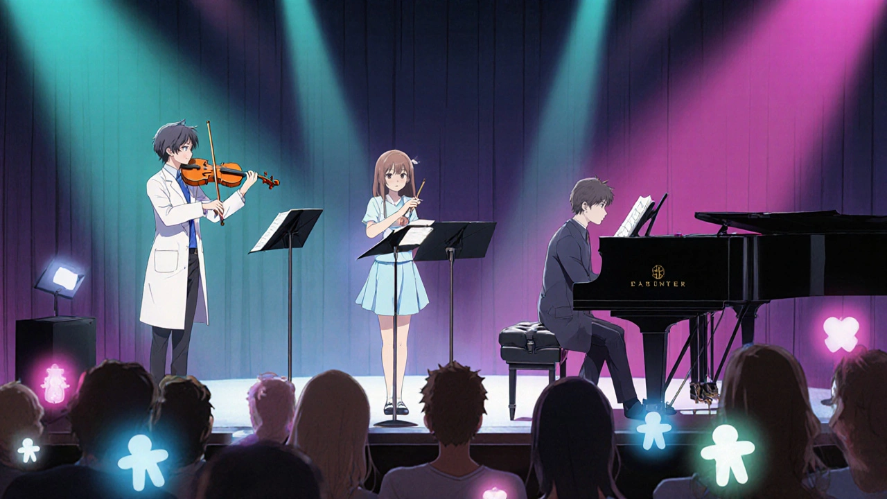 Medical team depicted as a band on stage, patient conducts with supportive audience.