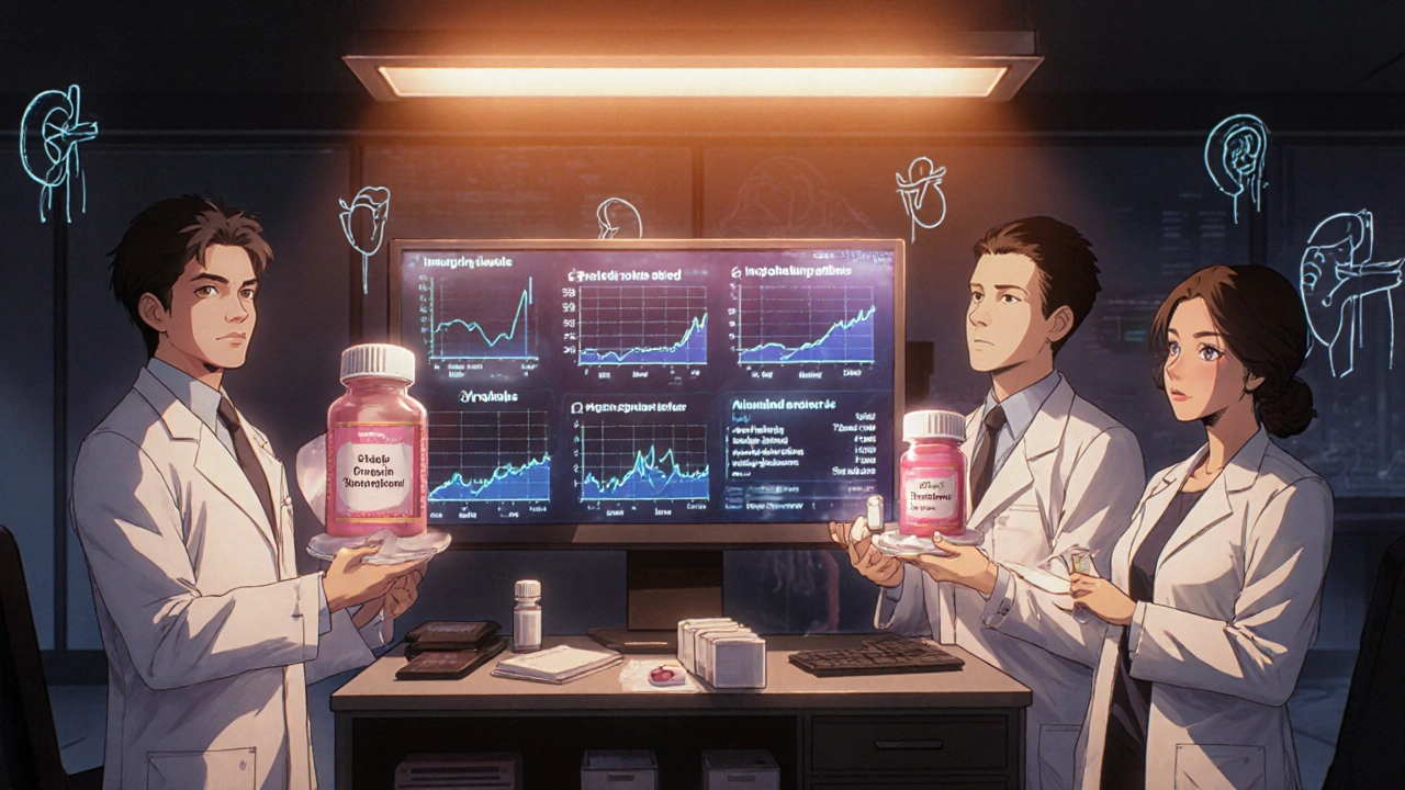 Medical team reviewing holographic lab results while holding different transplant drugs.