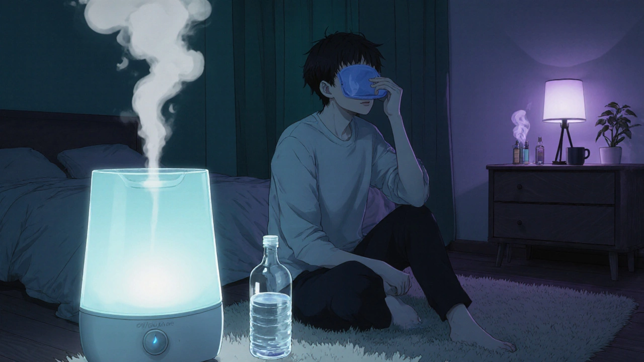 Nighttime scene of a person using a humidifier, saline rinse, and eye compress for relief.