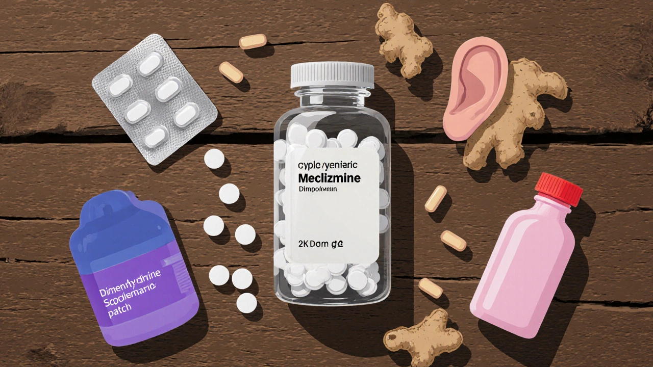 Overhead view of assorted anti‑nausea meds and ginger roots arranged on a wooden surface.