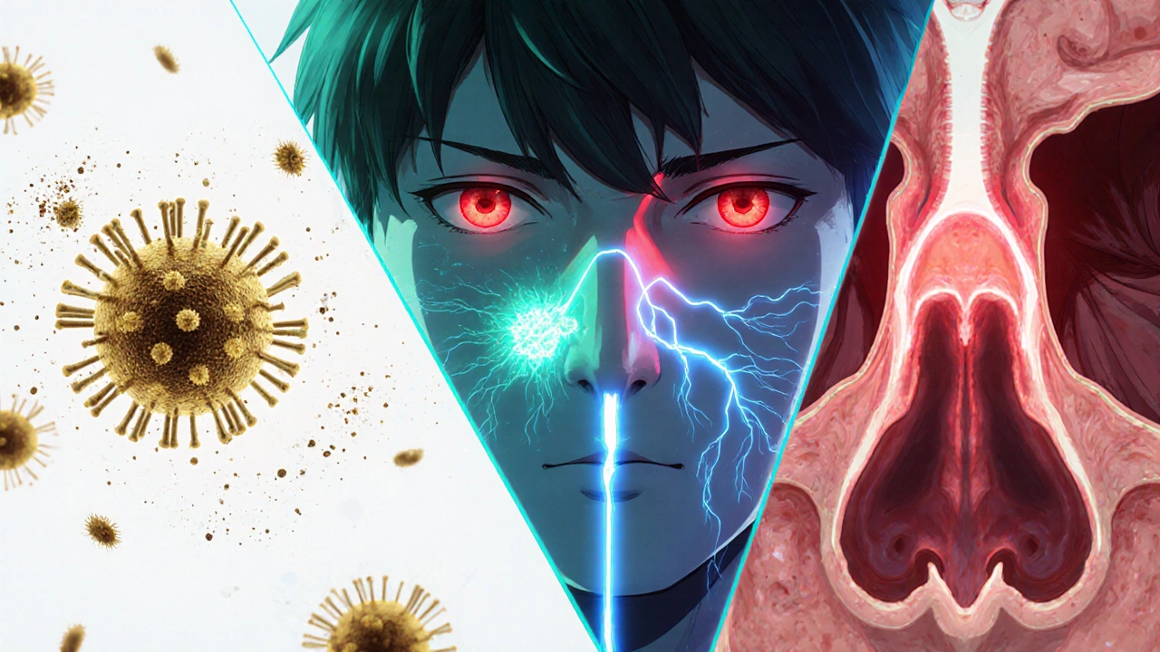 Panels depict pollen, virus, and sinus inflammation linking a congested nose to red eyes.