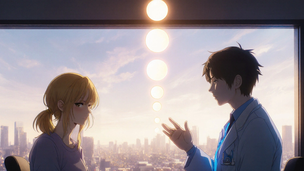 Patient and doctor beside descending glowing spheres symbolizing medication taper.