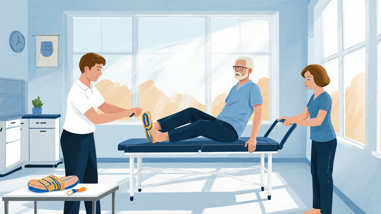 Patient does ankle exercises with therapists; splint and padded shoe shown in rehab room.