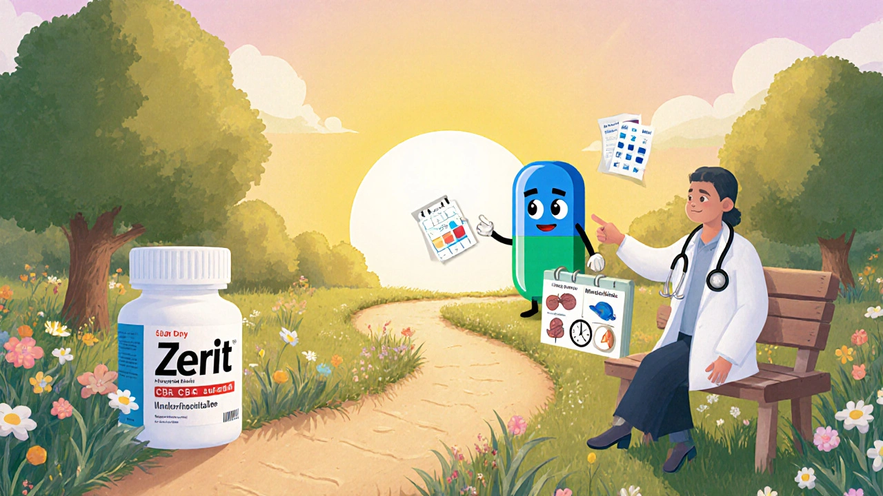 Patient walking from a sad Zerit bottle to a bright Tenofovir/FTC pill with doctor and lab icons.