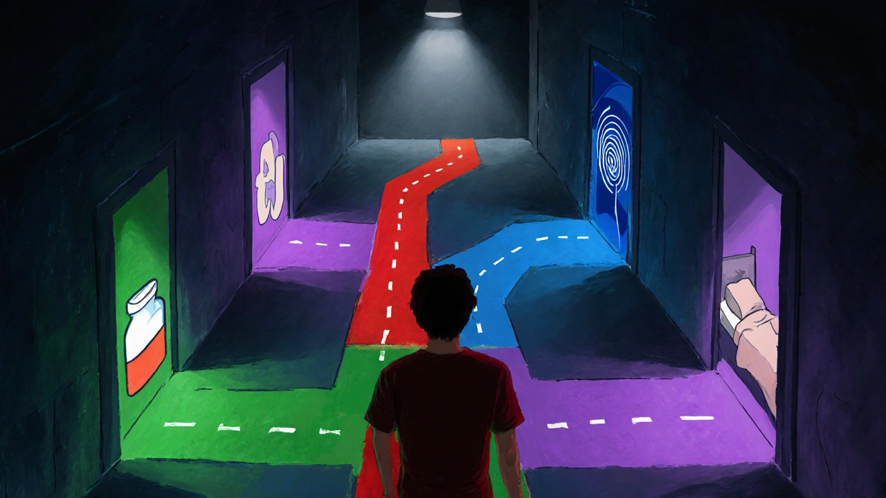 Person at a crossroads with lit paths toward different neuropathic drugs.