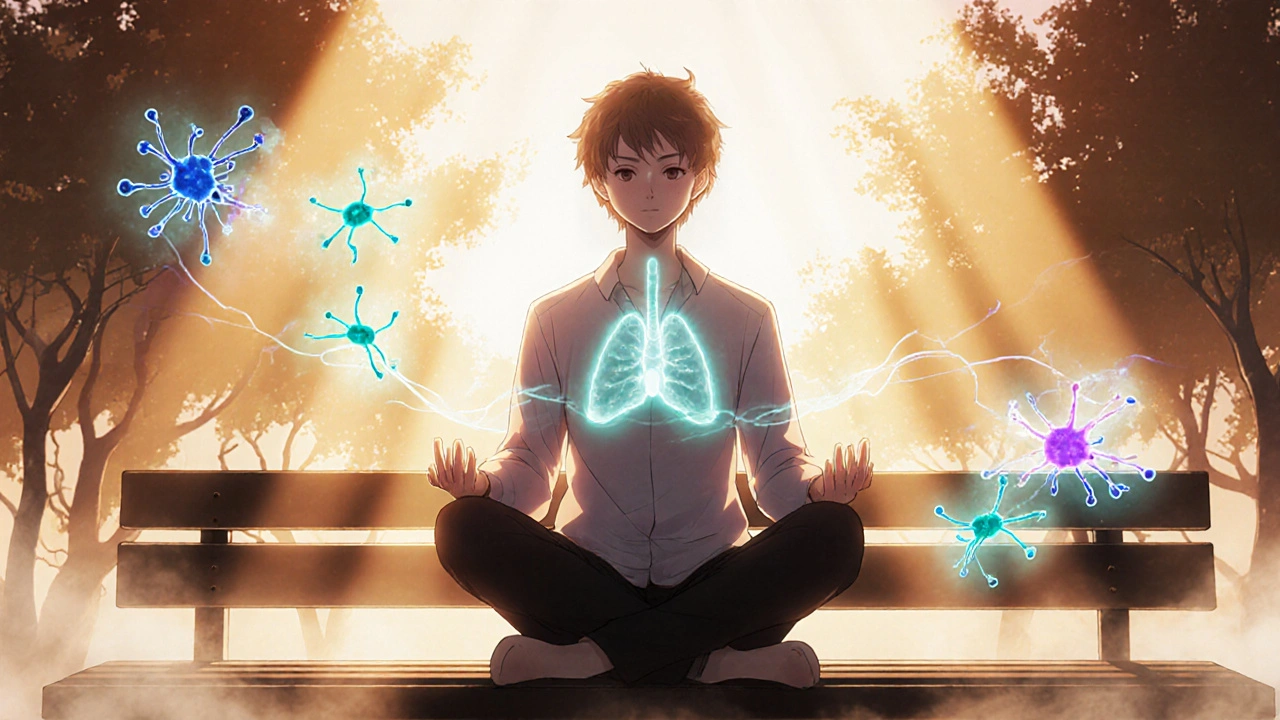 Person practicing breathing exercise on a bench at sunrise with glowing mitochondria.