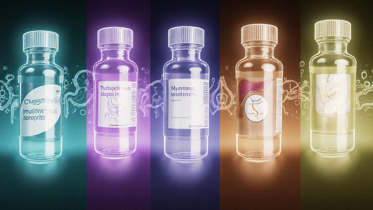Radial layout of five medication bottles with icons showing their side effects.