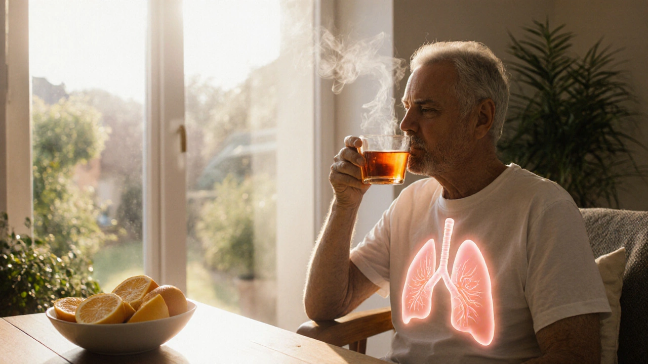 Relaxed person drinking tea by a window, with a faint glow around their lungs.