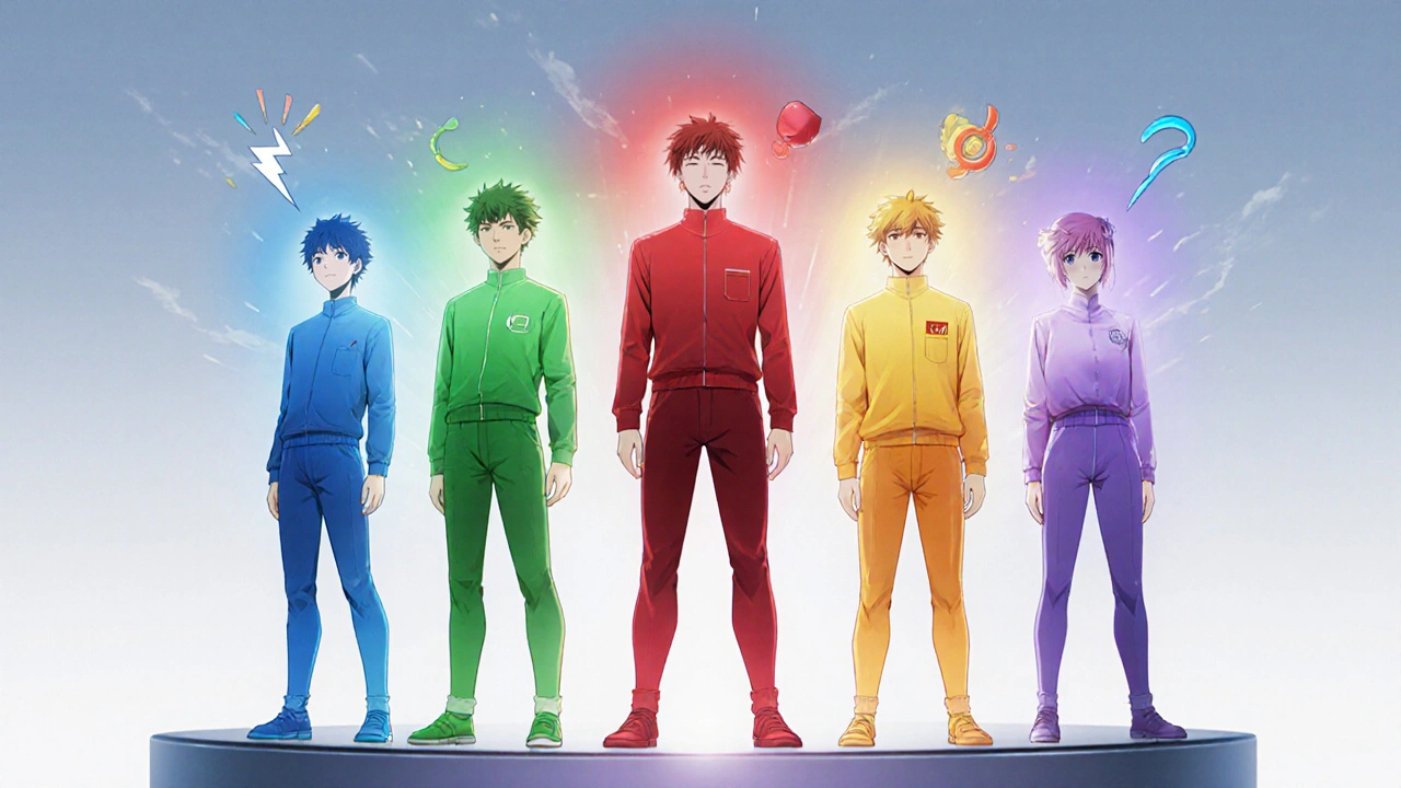 Seven stylized figures representing different antidepressants, each with distinct colored aura.