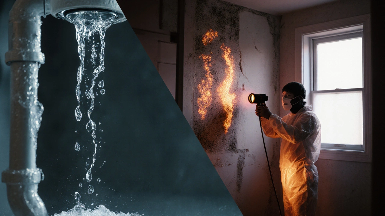 Split scene: leaking pipe behind wall and professional using infrared camera to detect hidden mold.