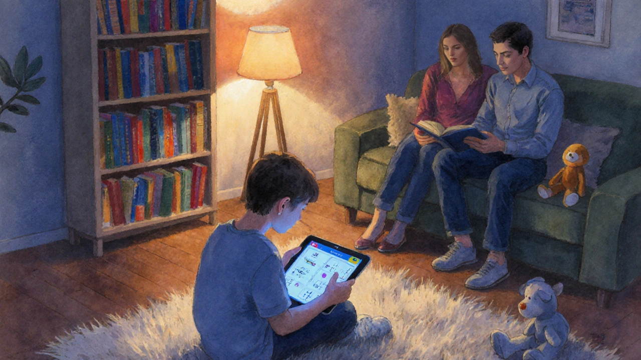 Teen uses educational tablet in a warm, dimly lit living room with books nearby.