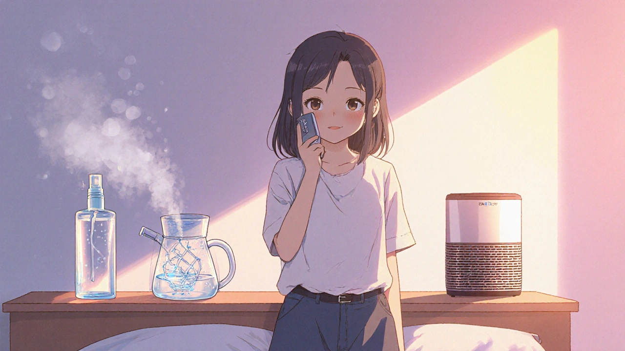 Teen with nasal spray, neti pot, and air purifier, breathing easily in a sunny room.