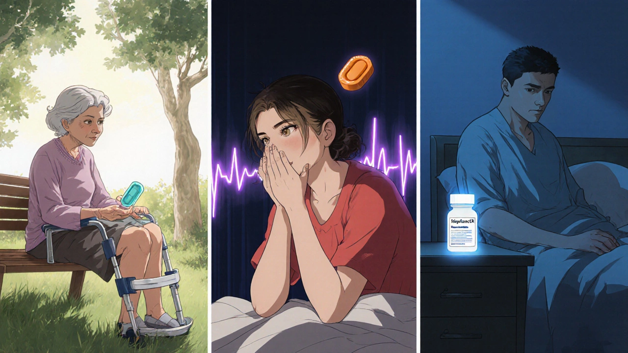 Three anime characters in different pain scenarios holding their recommended NSAID pills.