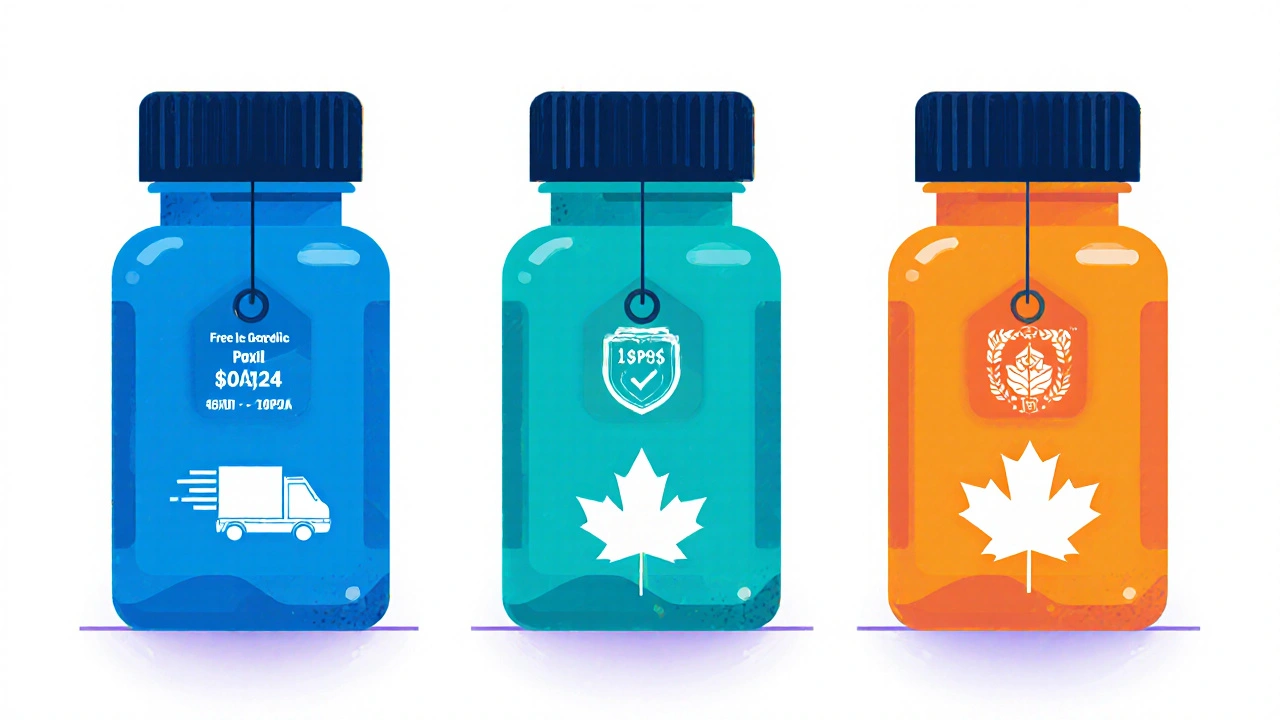 Three generic Paxil bottles with price tags and certification icons displayed side by side.