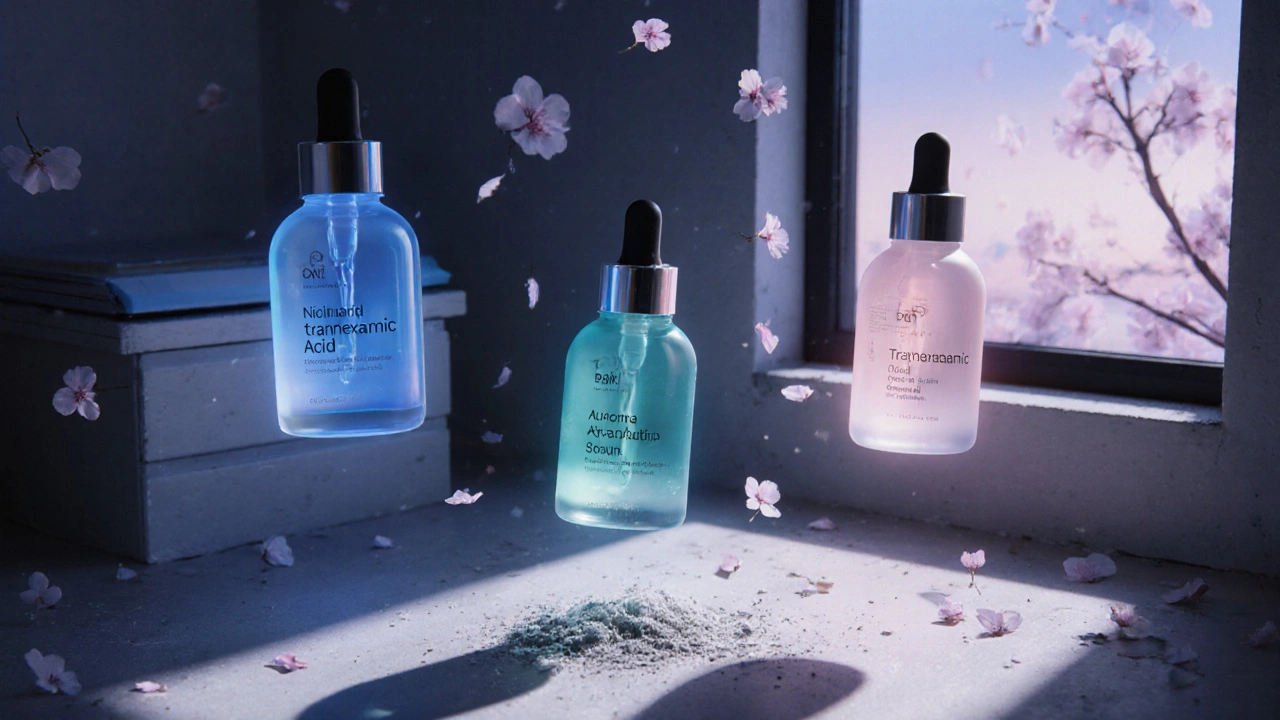 Three glowing skin-lightening serums floating in a dermatologist&#039;s office, with Eukroma dissolving into ash.