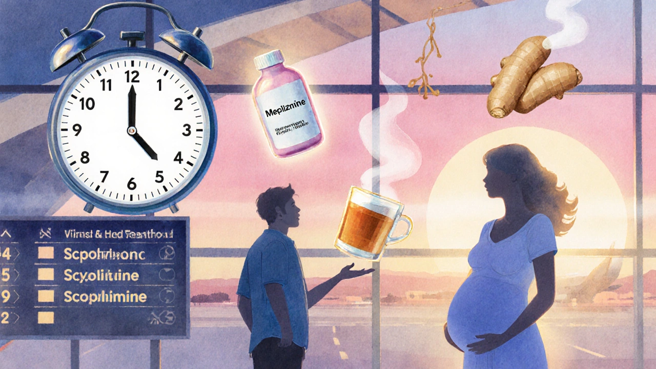 Traveler at airport gate considering pill bottle, patch, ginger tea, and a pregnant figure.
