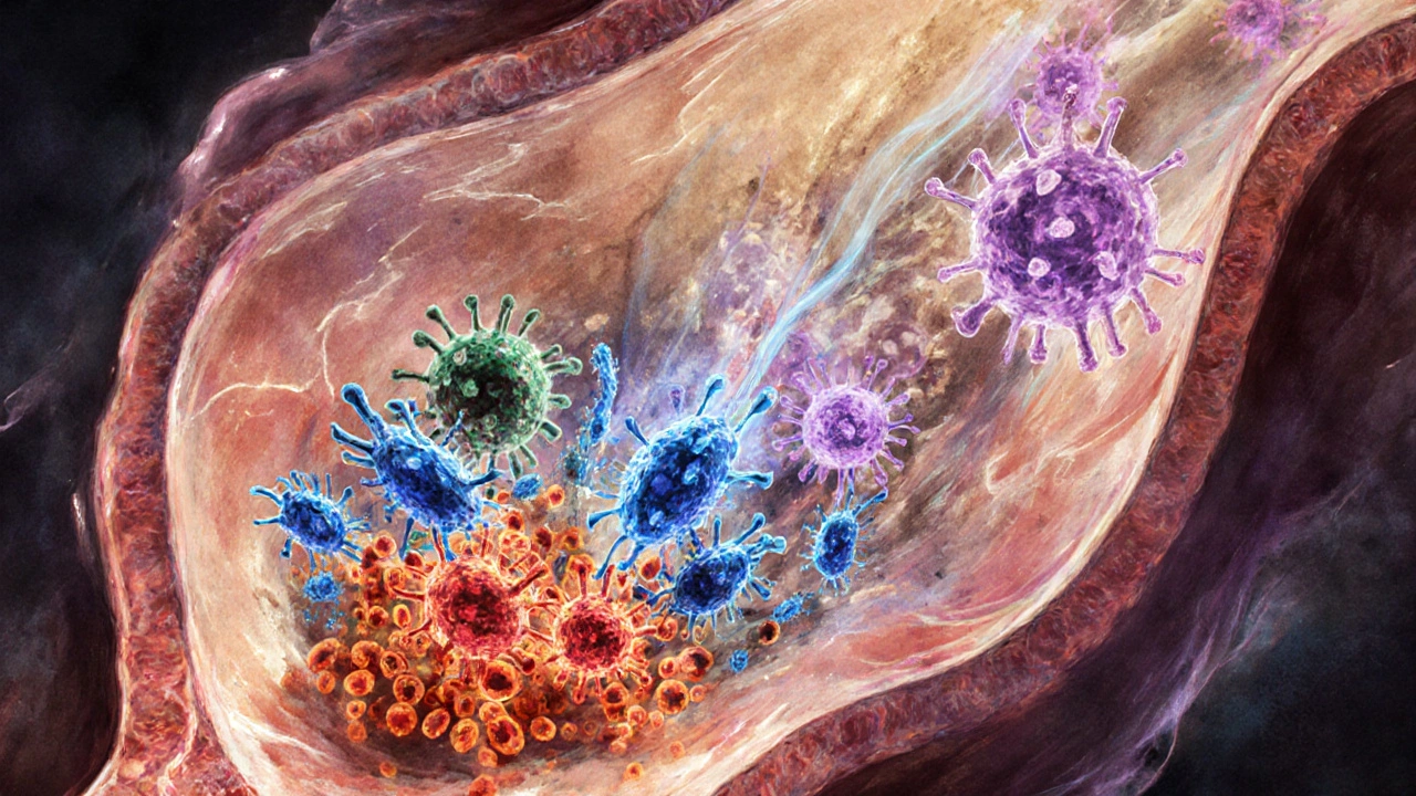 Watercolor view of neutrophils, macrophages, and lymphocytes fighting viruses in a bronchiole.