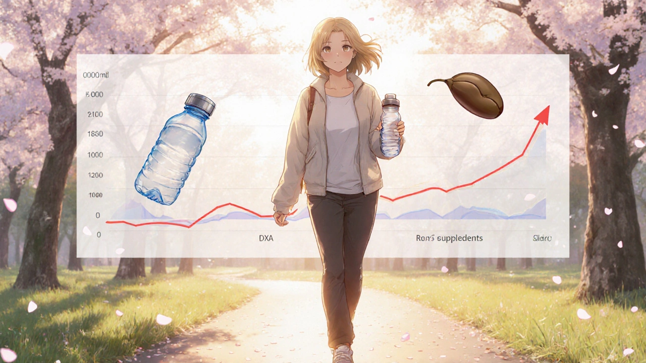 Woman walking in a park with subtle bone‑density chart overlay and symbols of supplements.