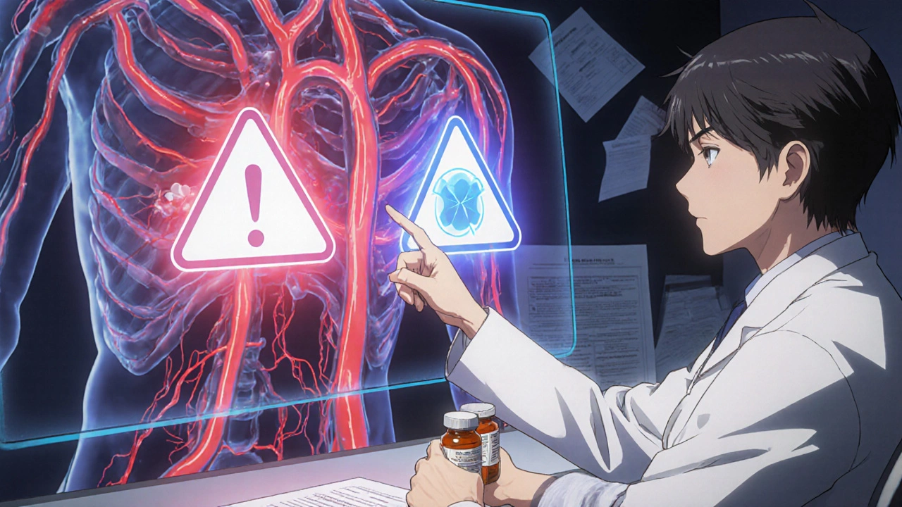A doctor explaining drug interactions using a holographic circulatory system with warning symbols glowing above pill icons.