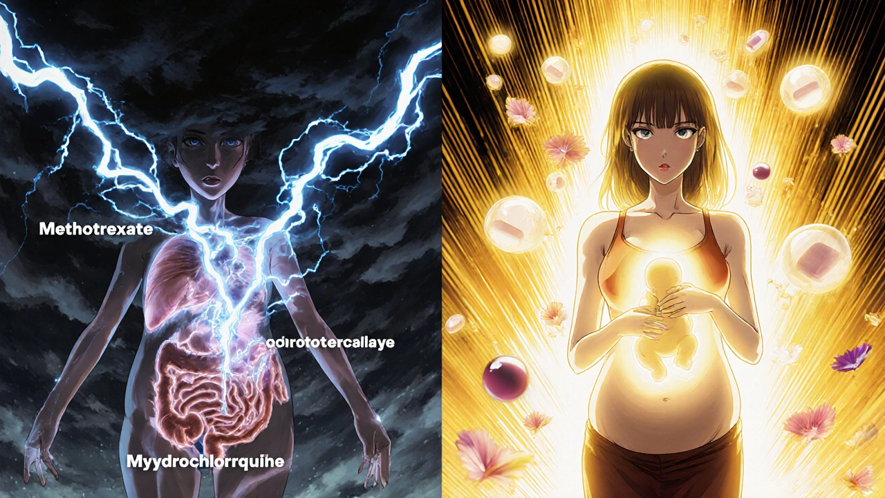 A dramatic split scene: left shows dangerous drugs harming a fetus, right shows safe medications protecting a glowing baby.