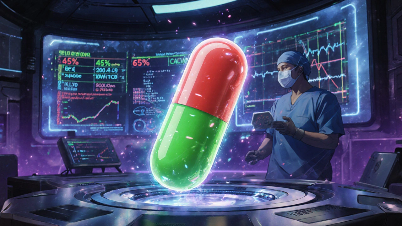 A futuristic pH-adaptive capsule changing color in mid-air, holographic absorption data glowing behind it in a high-tech lab.