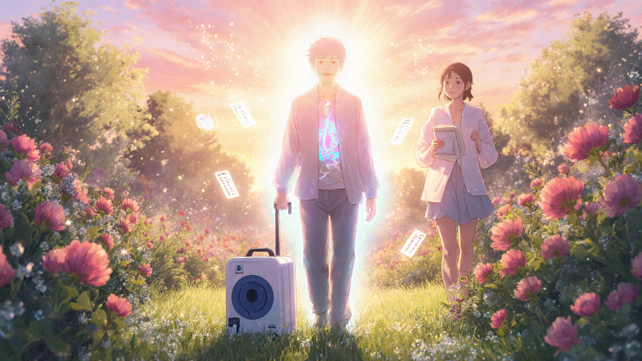 A healthy-looking dialysis patient walking in a sunlit garden, portable machine beside them, energy aura glowing.