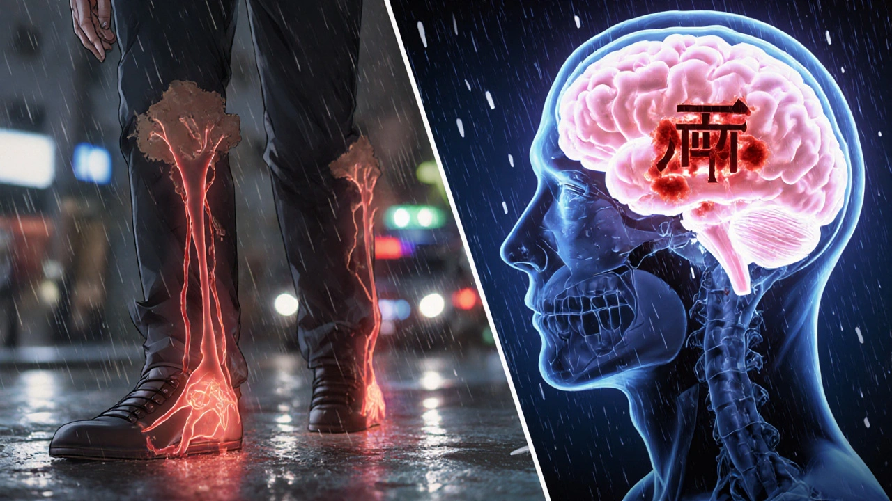 A man collapsing as plaque blocks leg arteries, with a brain stroke visualized in translucent detail, rain and sirens in background.