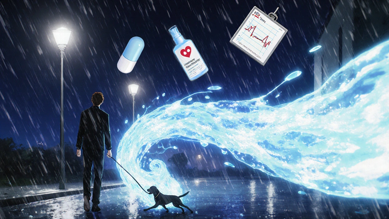 A man fainting while walking his dog, surrounded by ghostly images of dangerous medication interactions.