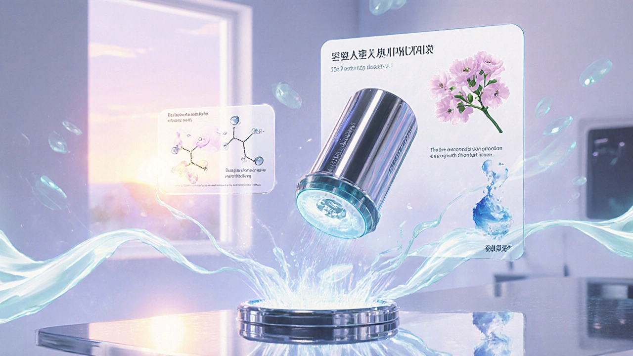 A medical device being plated with rhodium, surrounded by biodegradable molecules breaking down into nature, symbolizing clean manufacturing.