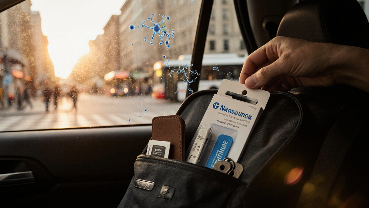 A naloxone kit placed in a backpack with car keys and test strips, sunrise lighting through a car window.